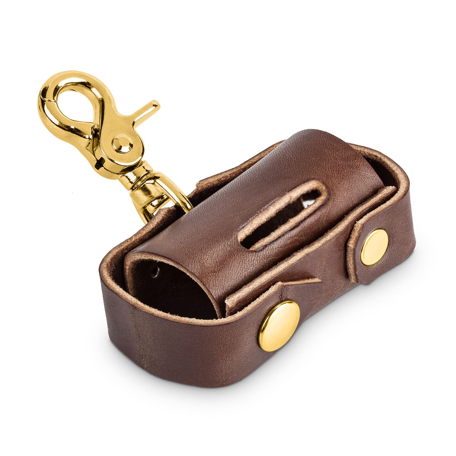 Brown leather, brass carabiner