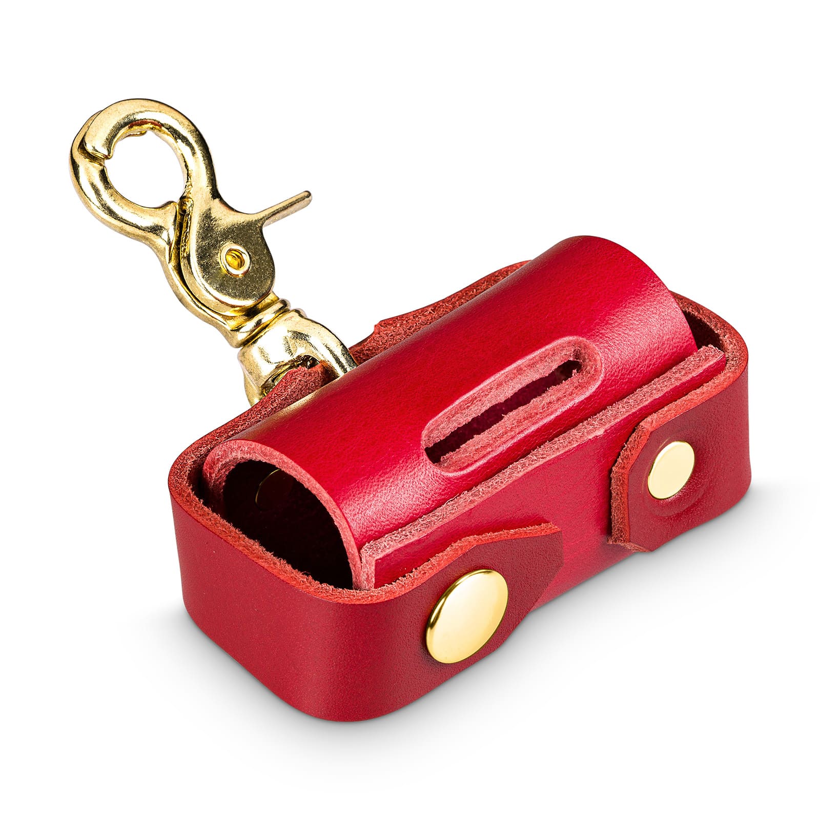 Red leather, brass carabiner