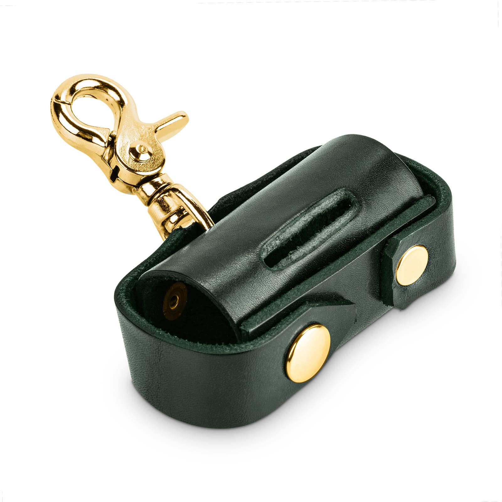 Green leather, brass carabiner